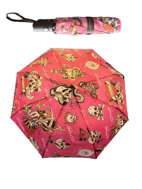 Ed Hardy Pink Tattoo Skull & Rose Folding Umbrella